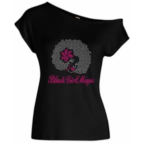 Black Girl Magic Afro Girl Rhinestone Off Shoulder T Shirt