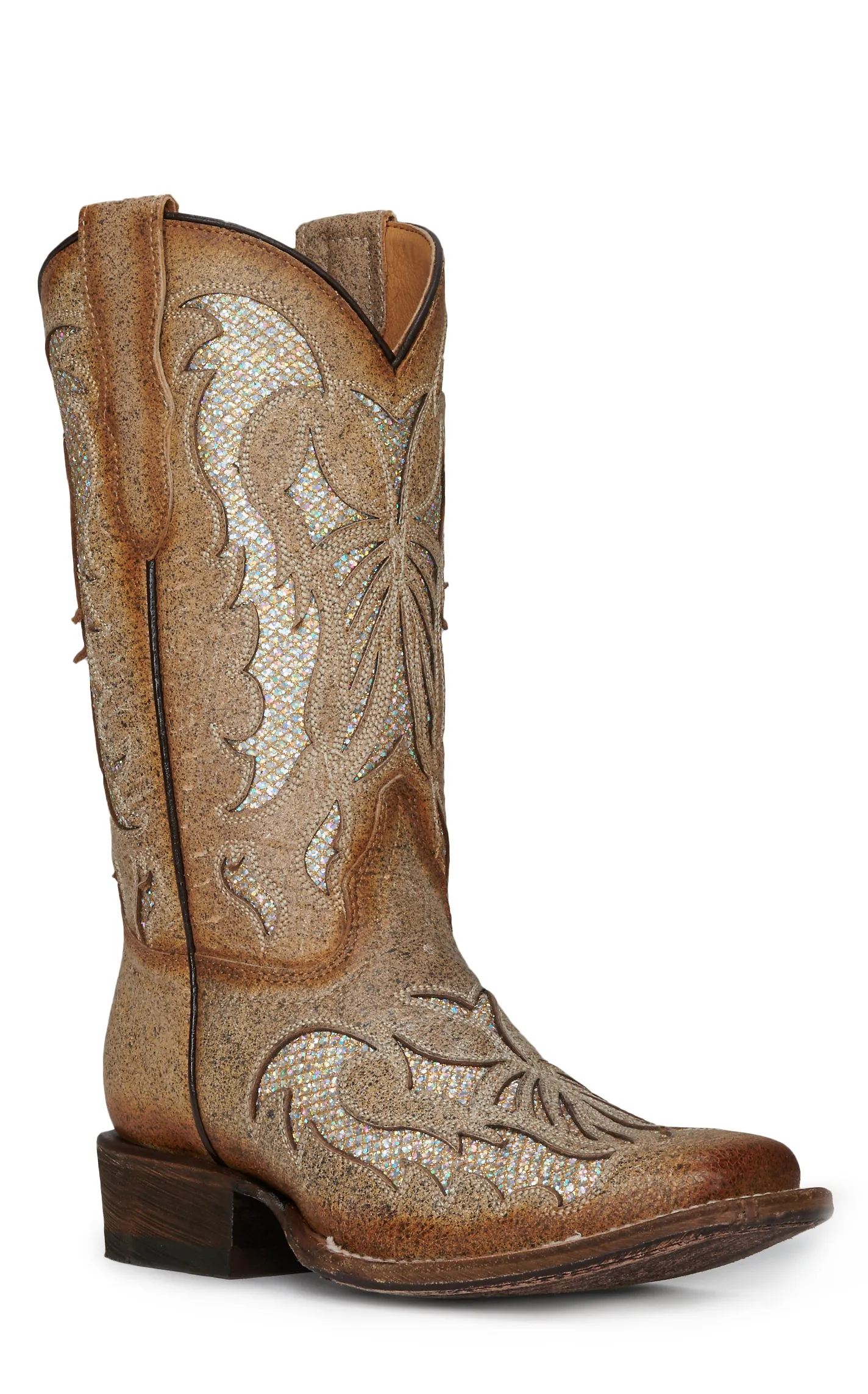 Corral Girl's Tan with Gold Glitter Inlay Square Toe Cowboy Boots