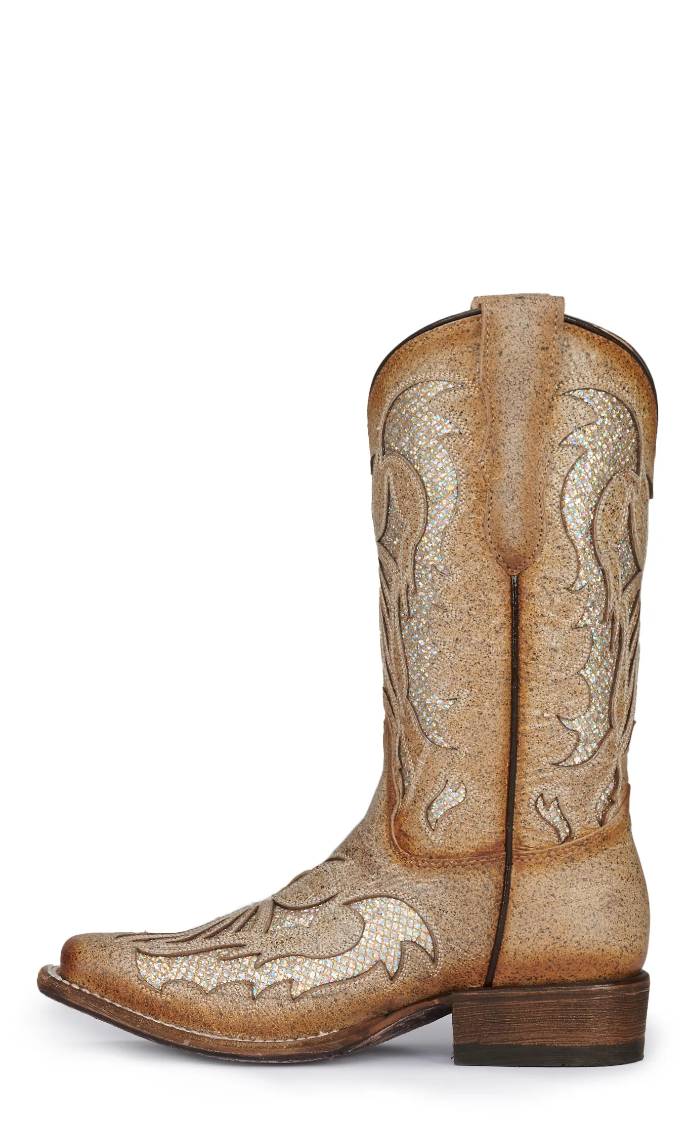 Corral Girl's Tan with Gold Glitter Inlay Square Toe Cowboy Boots