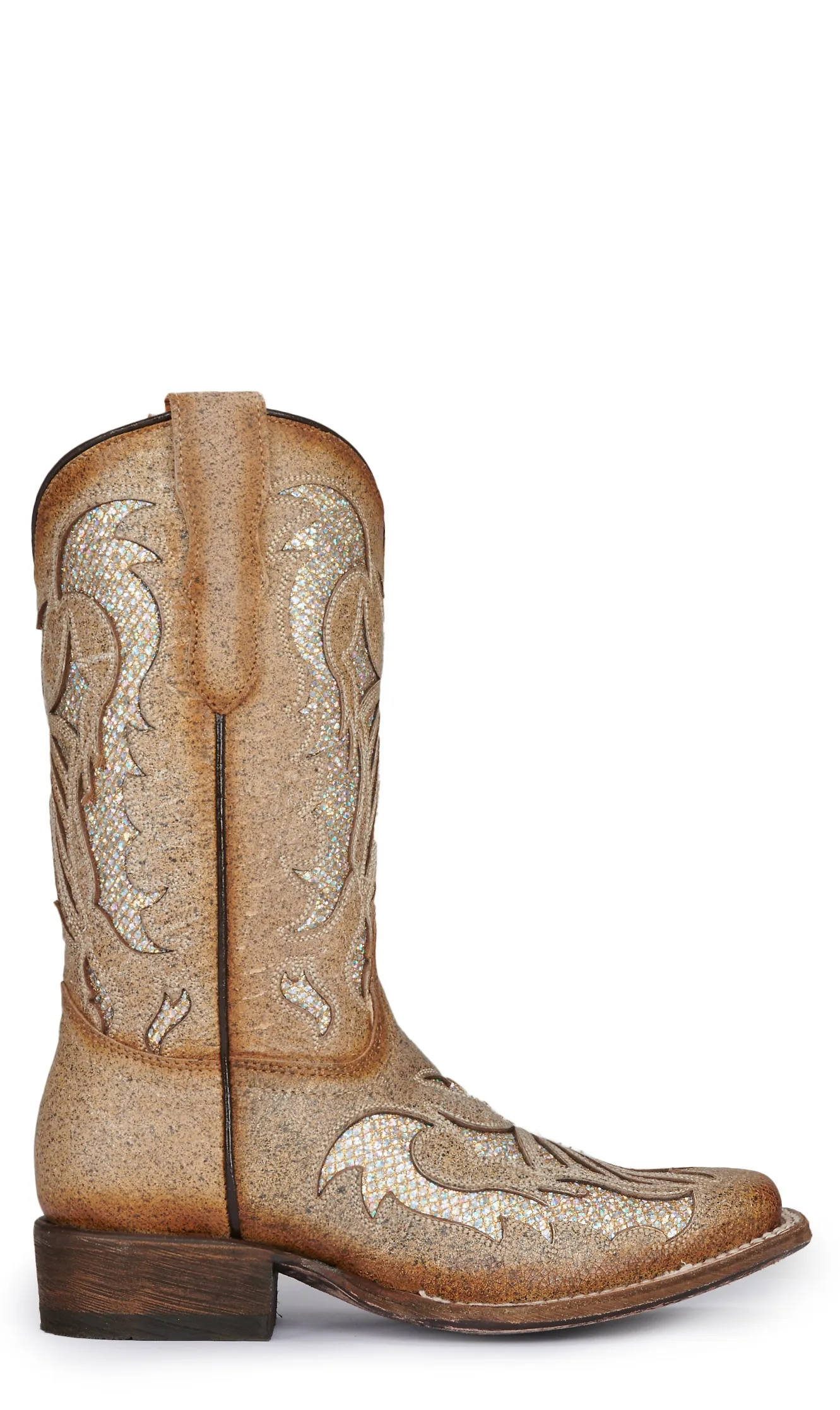 Corral Girl's Tan with Gold Glitter Inlay Square Toe Cowboy Boots