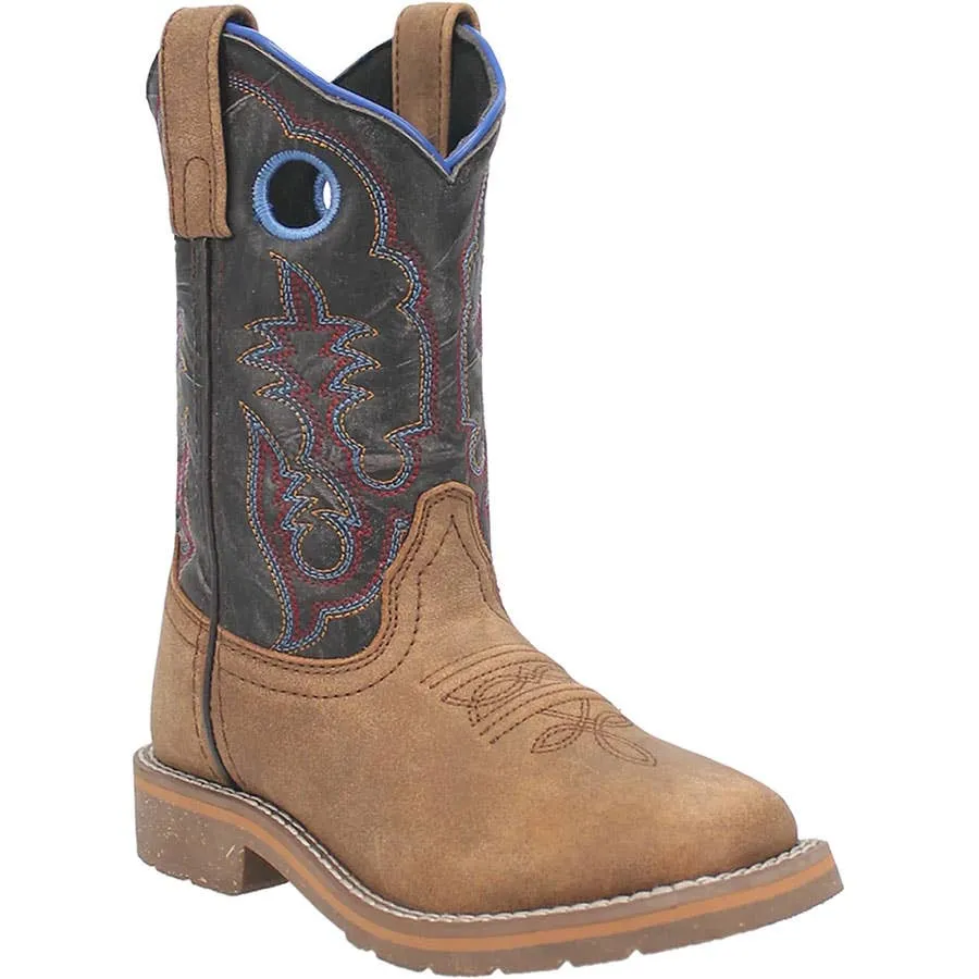 Dan Post Boy's Rye Blue Contrast Trim Broad Square Leather Boots - Tan