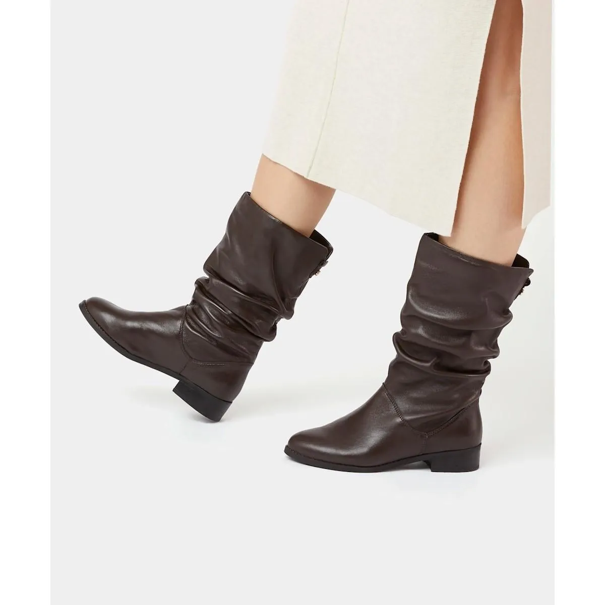 Dune Rosalindas Ruched Calf Boots Brown Leather