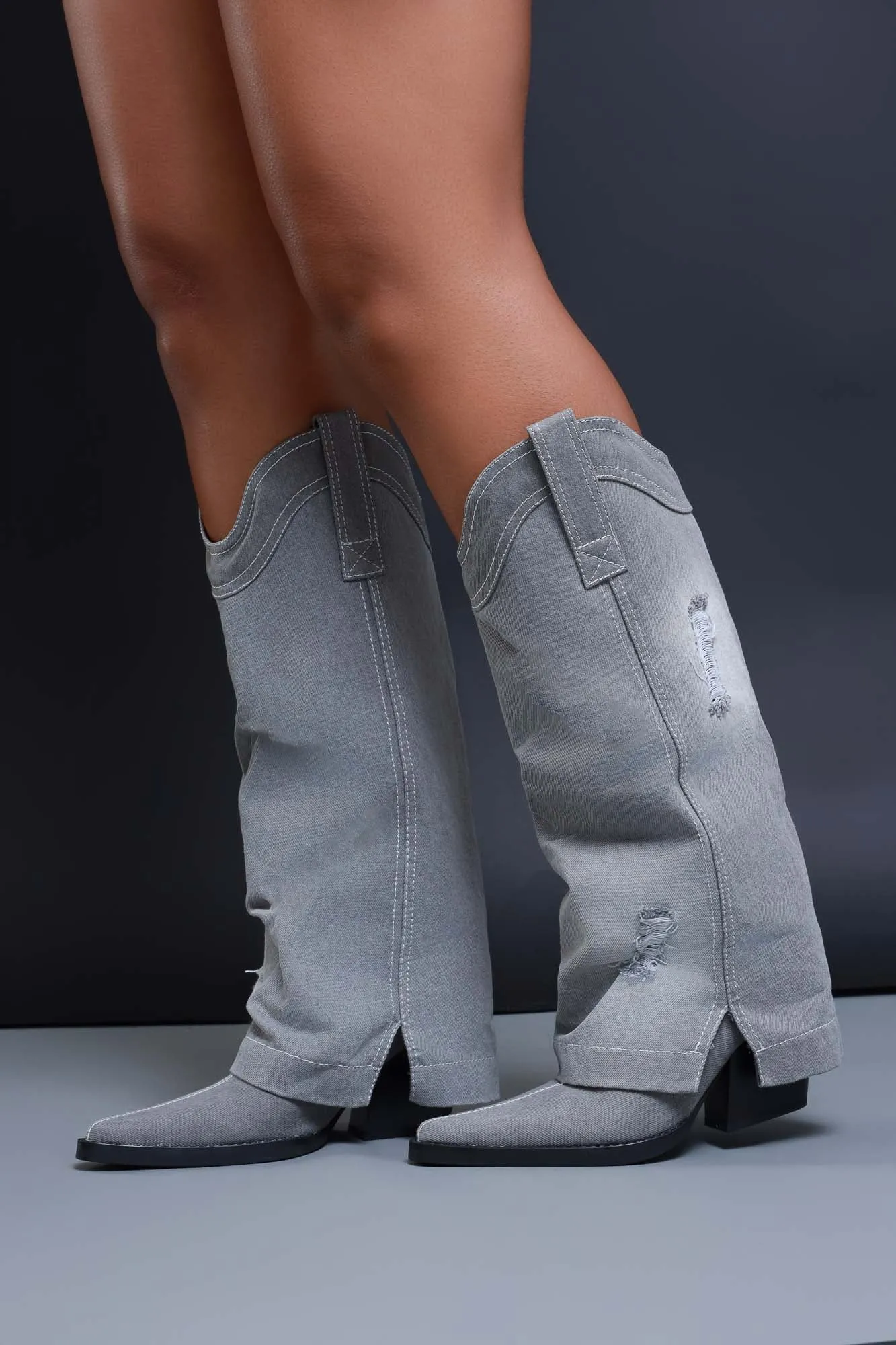 Howdy Girl Distressed Denim Cowboy Boots - Grey