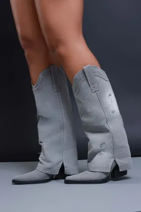 Howdy Girl Distressed Denim Cowboy Boots - Grey