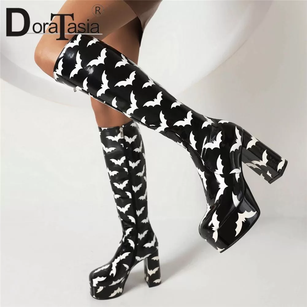 Lady's Platform Knee High Boots Fashion Print Bat Multicolor Thick High Heels