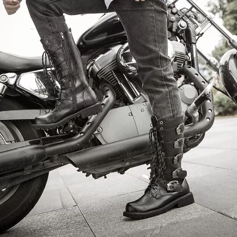 Make a Bold Statement with PU Leather Motorcycle Boots - High Over the Knee Military Combat Boots for a Gothic Touch