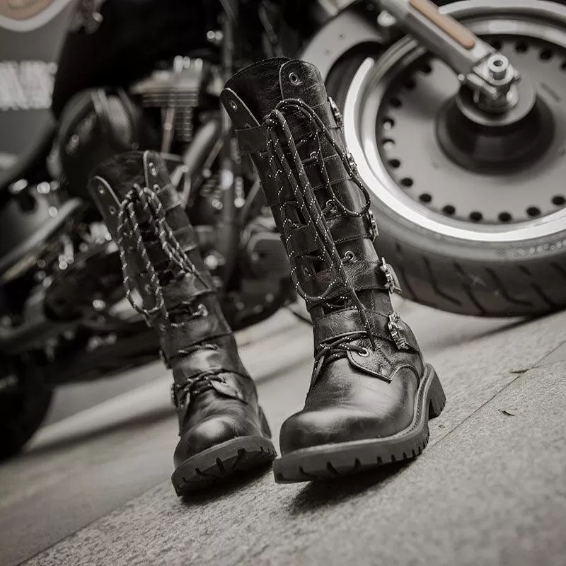 Make a Bold Statement with PU Leather Motorcycle Boots - High Over the Knee Military Combat Boots for a Gothic Touch