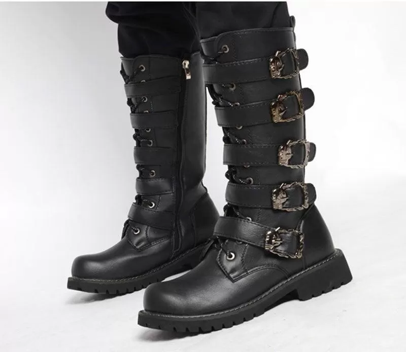 Make a Bold Statement with PU Leather Motorcycle Boots - High Over the Knee Military Combat Boots for a Gothic Touch