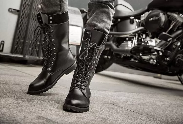 Make a Bold Statement with PU Leather Motorcycle Boots - High Over the Knee Military Combat Boots for a Gothic Touch