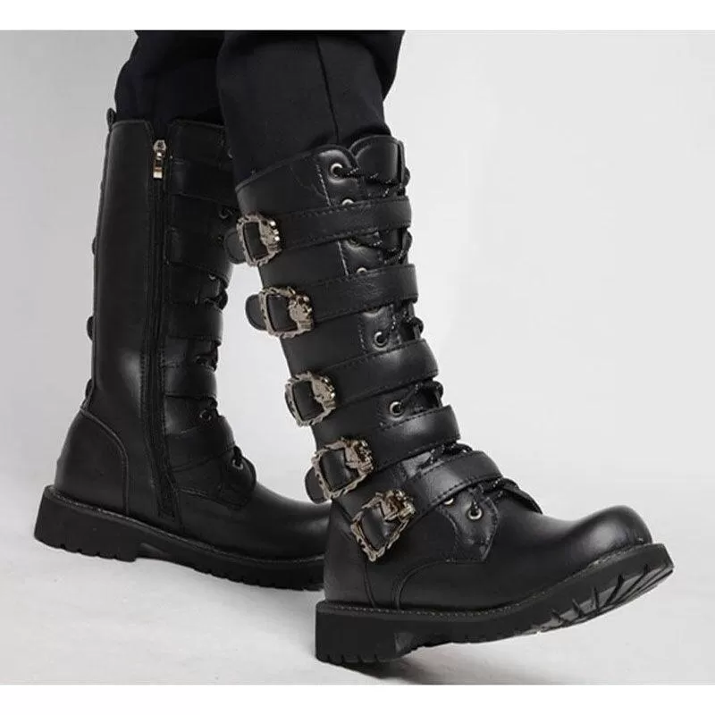 Make a Bold Statement with PU Leather Motorcycle Boots - High Over the Knee Military Combat Boots for a Gothic Touch