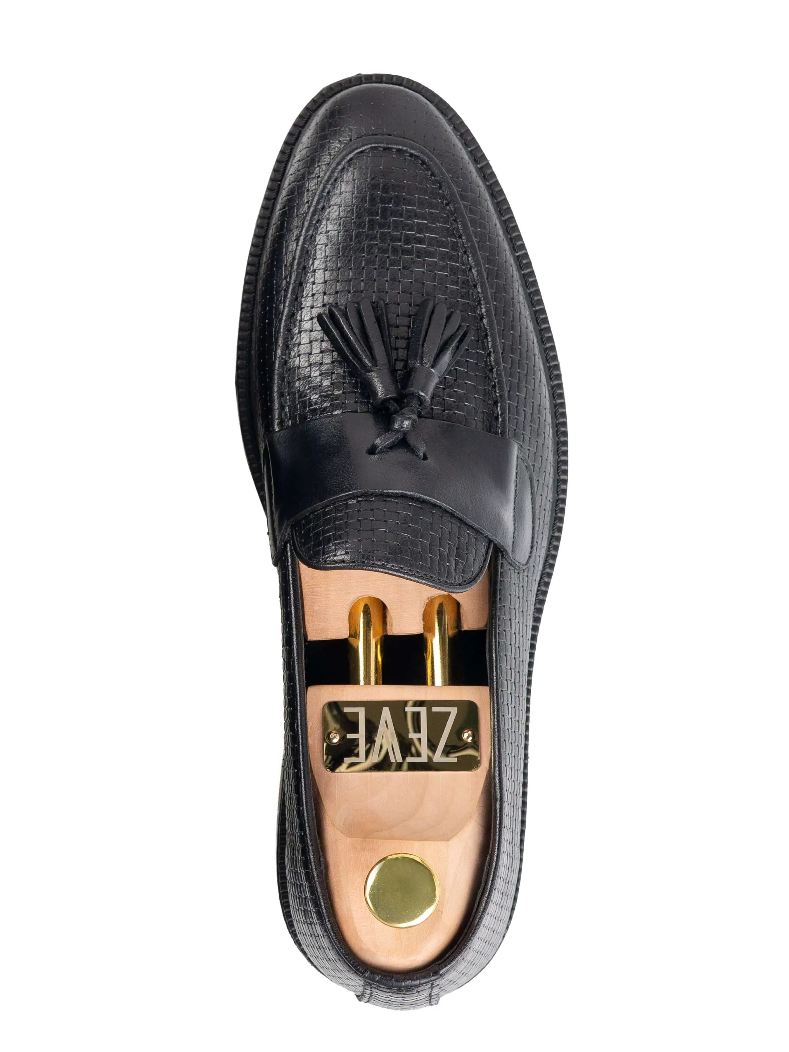 Rocky Tassel Loafer - Black Woven Leather with Solid Strap (Combat Sole)