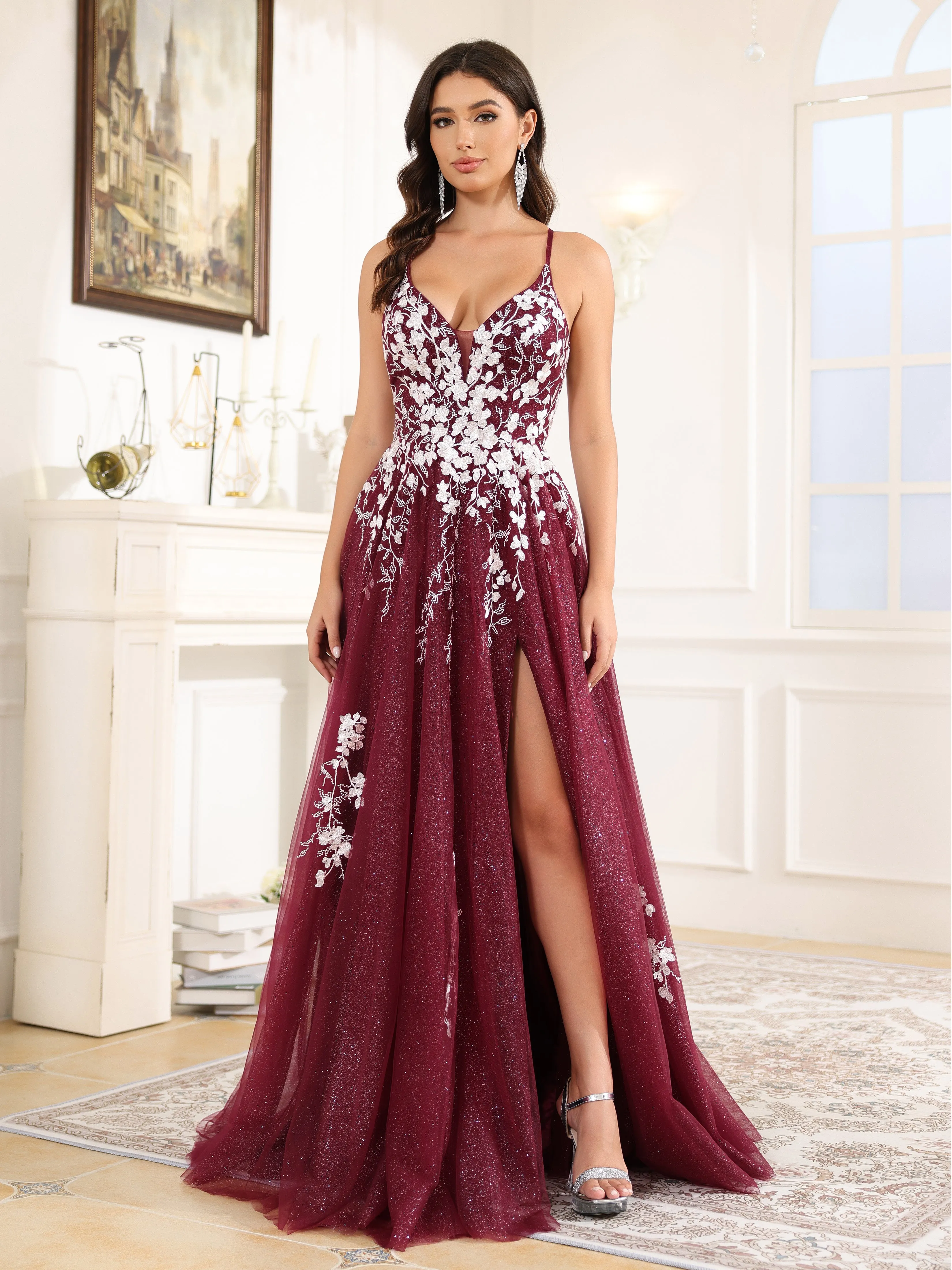 Trapèze Fendue Bretelles Spaghetti Dentelle Tulle Robe de Soirée BORDEAUX