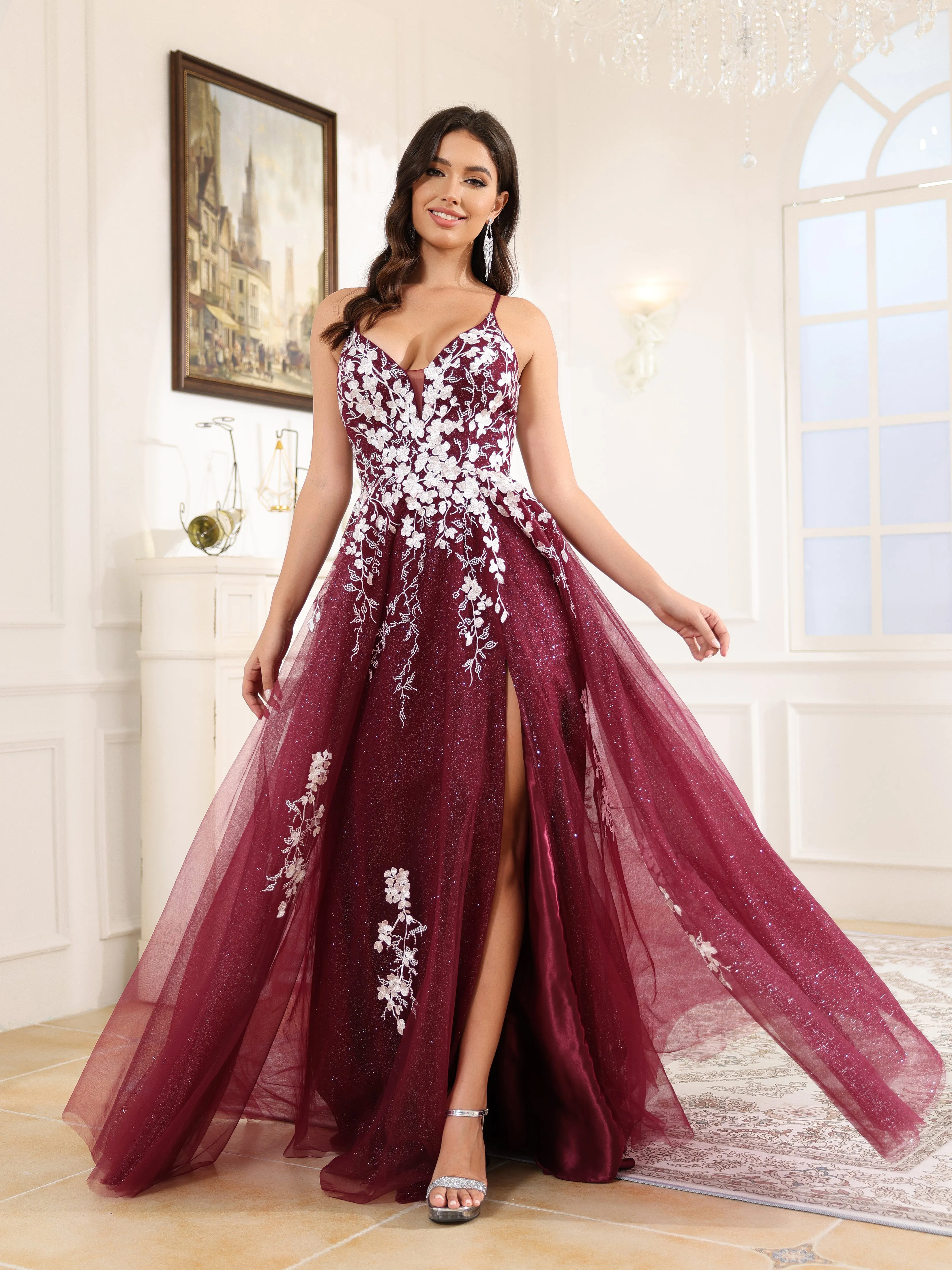 Trapèze Fendue Bretelles Spaghetti Dentelle Tulle Robe de Soirée BORDEAUX