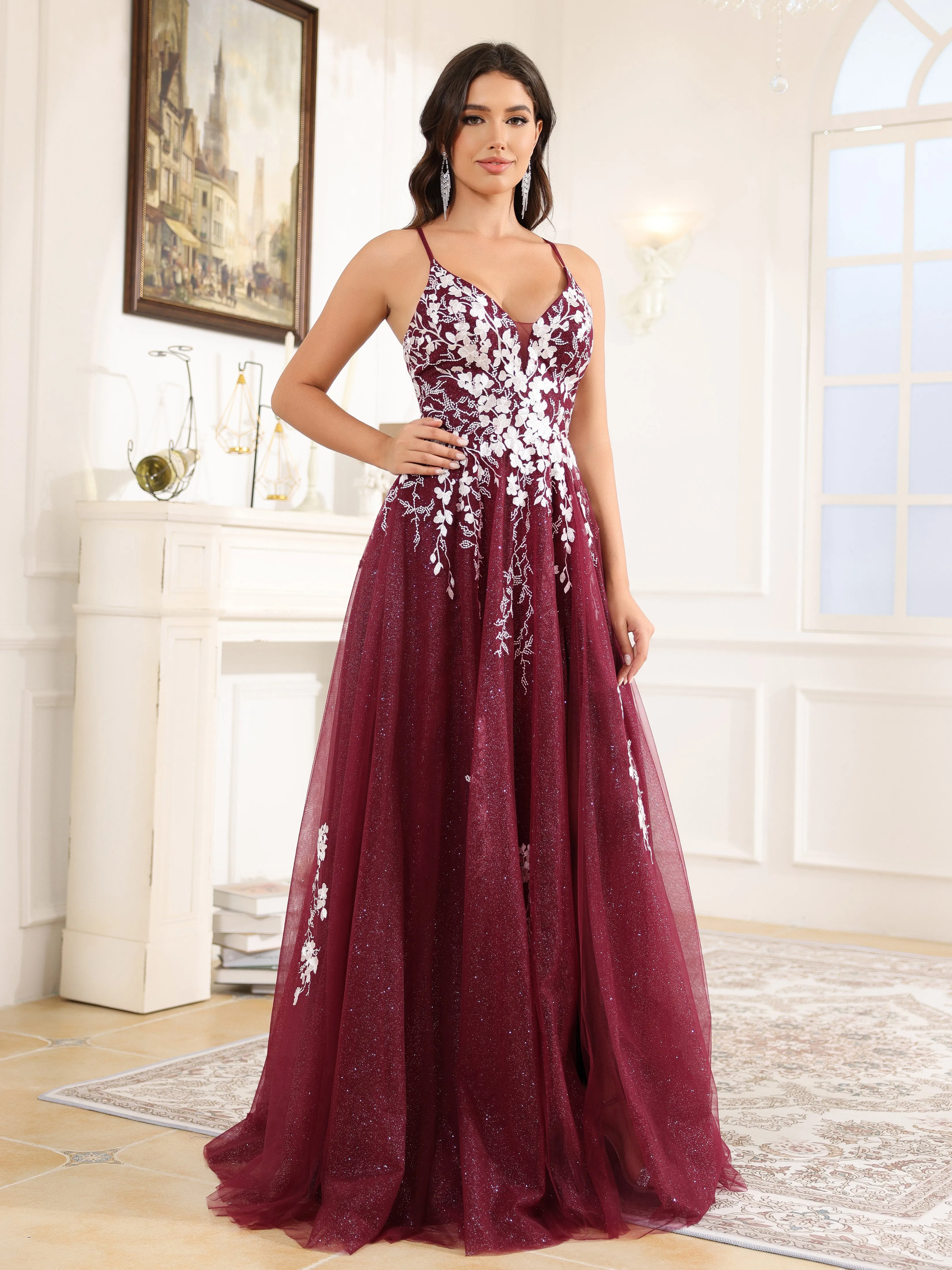 Trapèze Fendue Bretelles Spaghetti Dentelle Tulle Robe de Soirée BORDEAUX