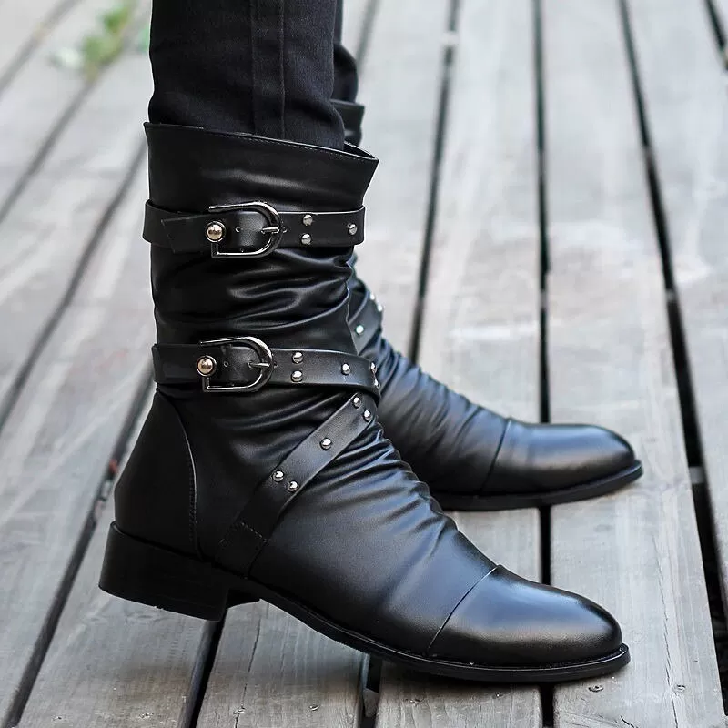 Winter Pointed Toe Men's Mid-calf Boots Buckle Strap Chelsea Boot for Men Leather Mens Motorcycle Boots High Top Man Winter Shoe